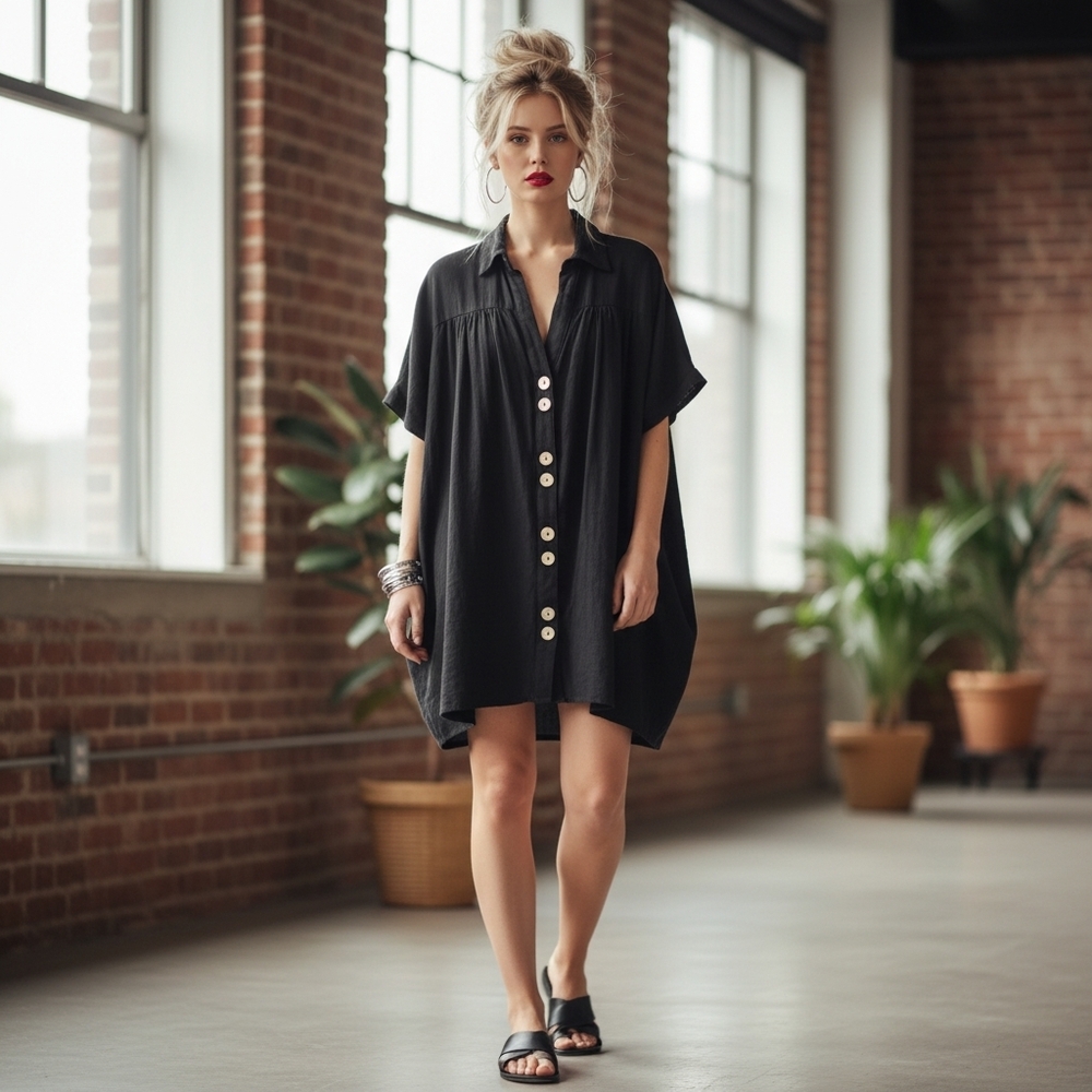 By Together Black Gauze Oversized Fit Button-up Mini Dress or Tunic with Pockets